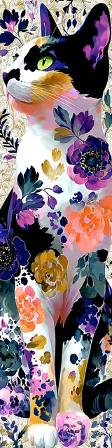 Cat bookmarks featuring colorful flowers on a black and white cat